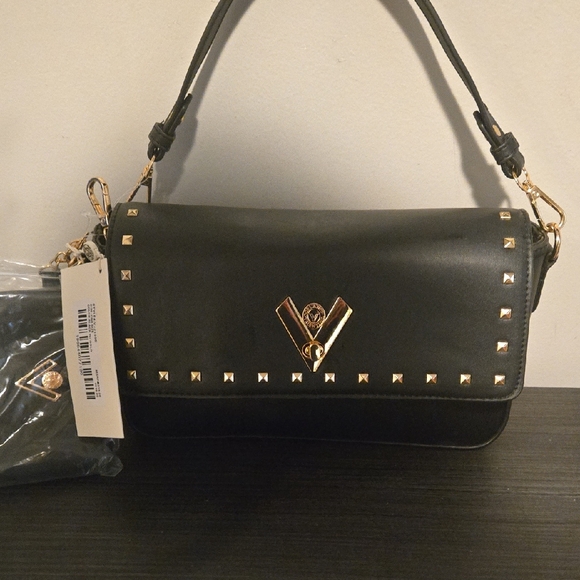 Handbags - Valentino Orlandi Black Studded Flap Shoulder Bag Gold Hardware NWT Italian Desi